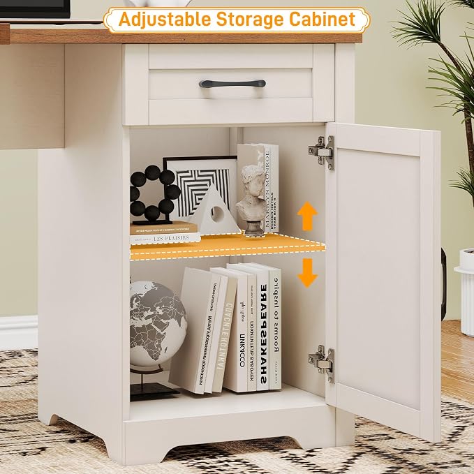 Halitaa 59” L Shaped Executive Desk with Power Outlets, Farmhouse Home Office Desk with File Drawer,Storage Cabinet, Wood Corner Sturdy Writing Workstation.White-Brown