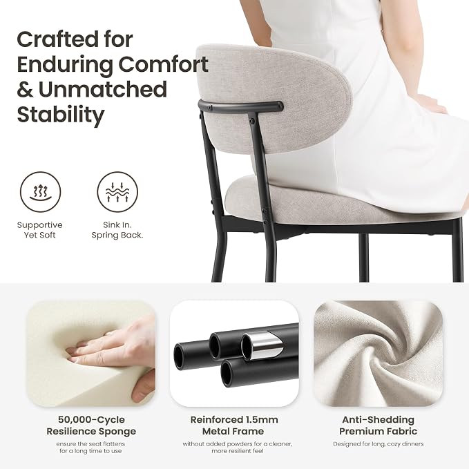 Upholstered Dining Chairs Set of 4, Modern Fabric Kitchen Chairs with Curved Backrest and Cushioned Seat, Sturdy Metal Legs, Modern Dining Chairs for Kitchen Dining Room, Living Room,Beige