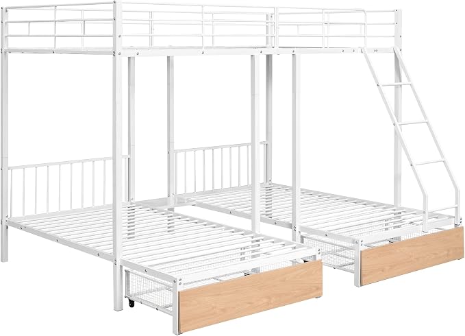 Full Over Twin & Twin Bunk Bed, Heavy Duty Metal Triple Bunk Bed with Drawers and Guardrails, Can be Divided into 3 Separate Beds, Triple Bunk Bed Frame for Kids Teens Aldults (White + Metal)
