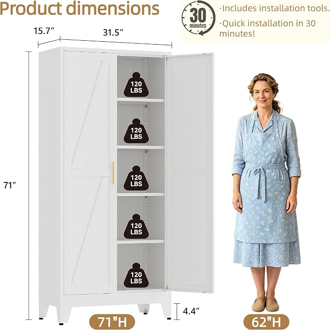 71”H Metal Kitchen Pantry Cabinet, Pantry Cabinets with 2 Doors and 4 Shelves, Kitchen Cabinet for Kitchen, Dining Room, Living Room and Bathroom, White