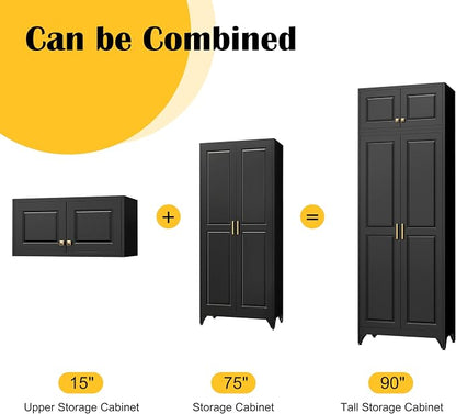 SteeLoong 90”Kitchen Pantry Cabinet,Metal Storage Cabinets with Doors and 4 Adjustable Shelves,Black Kitchen Cabinet with 2 Gold Handles,Tall Cabinet for Livingroom, Bathroom