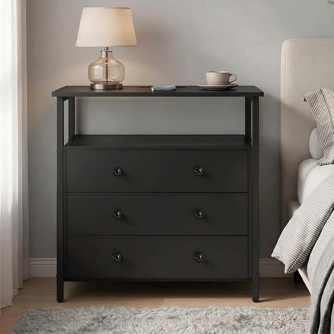 Edbuosy 3 Wooden Drawers Night Stand, 27 Inch Wide Nightstand with Charging Station and Adjustable Drawers, Small Dresser for Closet, Bedside Table for Living Room/Bedroom/Office, Black