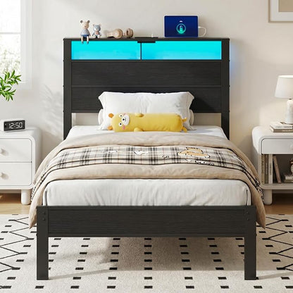 Black Twin Bed Frame with LED Lights and USB Charging Station, Modern Metal Platform Bed with Storage Headboard and Under-Bed Space, Noise Free, Sturdy Frame, No Box Spring Needed, Easy Assembly