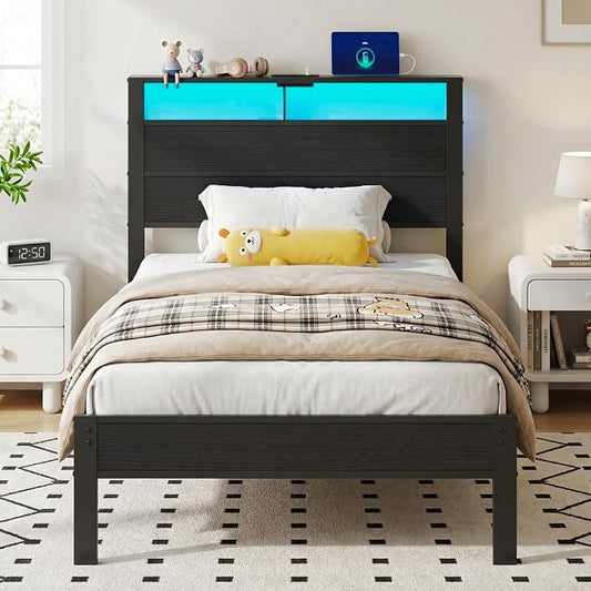 Black Twin Bed Frame with LED Lights and USB Charging Station, Modern Metal Platform Bed with Storage Headboard and Under-Bed Space, Noise Free, Sturdy Frame, No Box Spring Needed, Easy Assembly