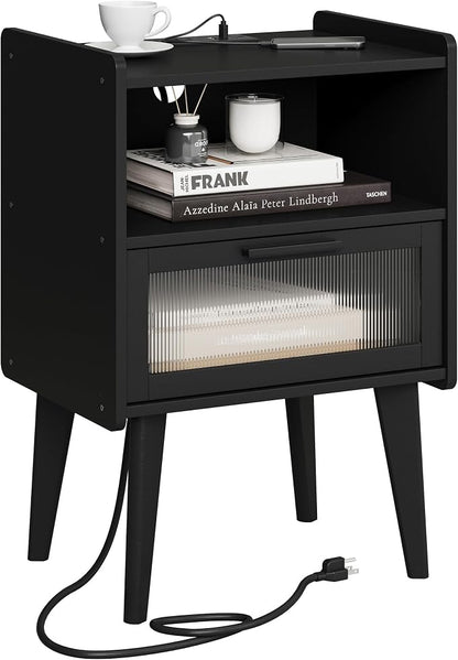 MMEOLUOOK Nightstand with Charging Station, Bedside Tables, End Table Side Table with 2 Tiers Storage Space, for Bedroom, Living Room, Black CAMLBZ07BE