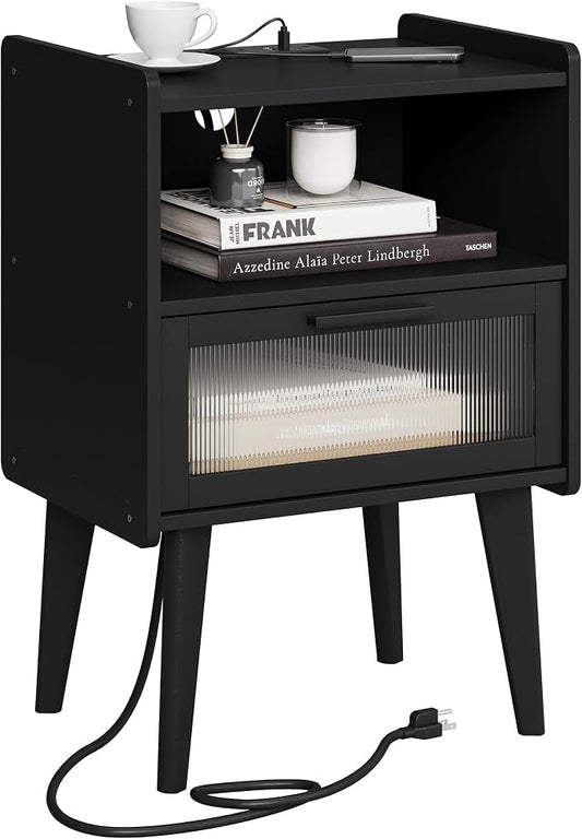 MMEOLUOOK Nightstand with Charging Station, Bedside Tables, End Table Side Table with 2 Tiers Storage Space, for Bedroom, Living Room, Black CAMLBZ07BE