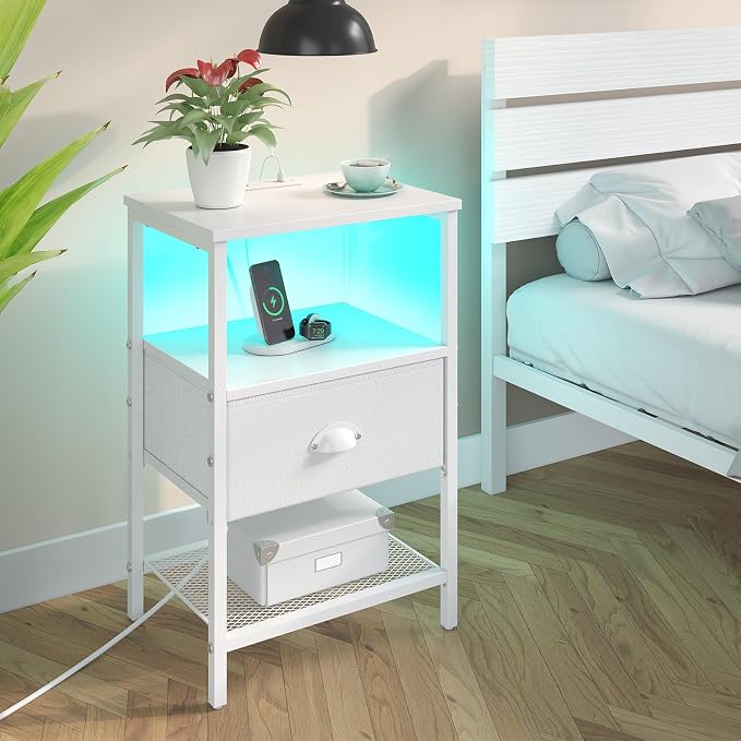 sthmec Nightstands Set of 2, LED Night Stands with Charging Station and Fabric Drawer, Bedside Tables with Drawers, 2- Tier LED Side Table End Table Charging Station Bedroom, White