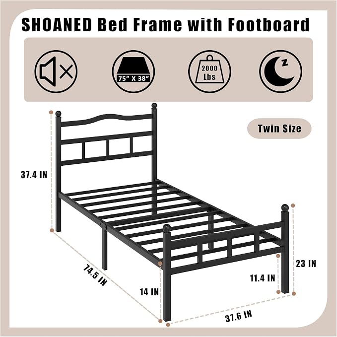 SHOANED 14 Inch Metal Bed Frame - Twin Size Heavy Duty Bedframe with Headboard & Footboard Black Basic Steel Slats Platform No Box Spring Needed/Easy Assembly/Noise Free