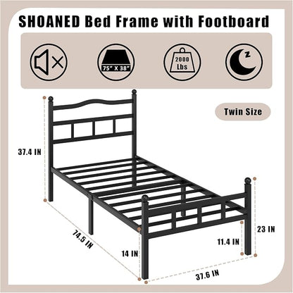 SHOANED 14 Inch Metal Bed Frame - Twin Size Heavy Duty Bedframe with Headboard & Footboard Black Basic Steel Slats Platform No Box Spring Needed/Easy Assembly/Noise Free