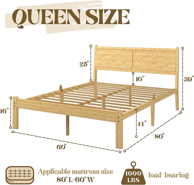 Askeld 14 inch Bamboo Queen Bed Frame with Headboard, Light Cottagecore Solid Wood Platform Bed No Box Spring Needed, Easy Assembly, Noise Free