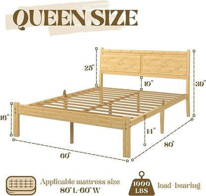 Askeld 14 inch Bamboo Queen Bed Frame with Headboard, Light Cottagecore Solid Wood Platform Bed No Box Spring Needed, Easy Assembly, Noise Free