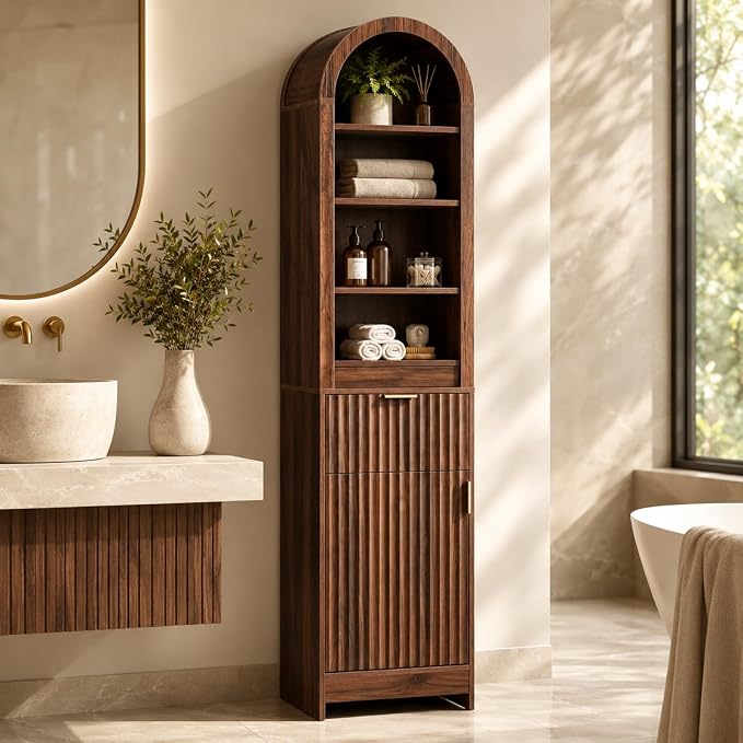 VINGLI Tall Bathroom Storage Cabinet, 66.9" Freestanding Narrow Linen Cabinet with Arched Open Shelves, Drawer & Door, Slim Skinny Wood Cabinet for Bathroom, Living Room, Entryway, Dark Walnut