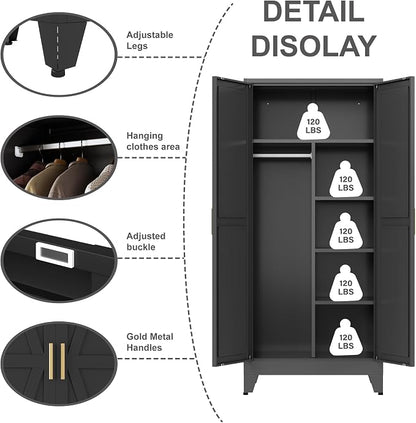 Metal armoire Wardrobe Closet with Hanging Rod,71'' Metal Wardrobe Cabinet with 2 Doors and 4 Adjustable Shelves, Bedroom armoires,Laundry Room cabinets,armario de ropa Closet