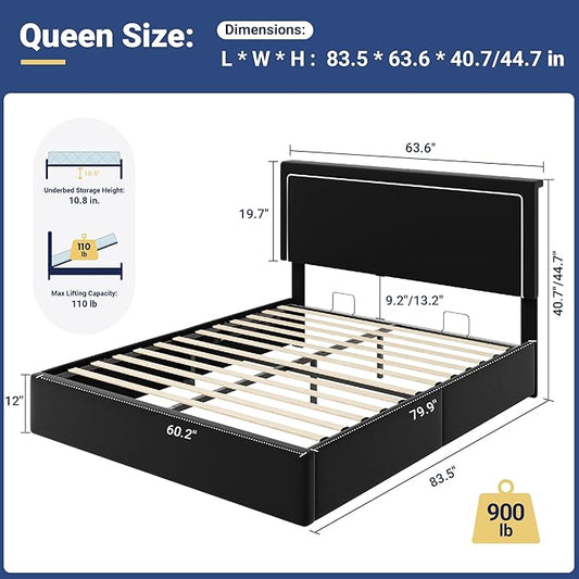 Allewie Queen Size Lift Up Storage Bed Frame with Charging Station & LED Lights, Adjustable Velvet Upholstered Storage Headboard, Type-C & USB Ports, Hydraulic Support, No Box Spring Needed, Black