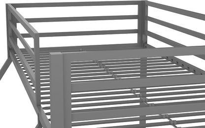 Novogratz Maxwell Metal Bunk Bed Frame for Kids and Teens, with Angled Ladder, High Guardrail and Metal Slats, No Boxspring Required, Underbed Storage Space, Twin-Over-Full, Gray