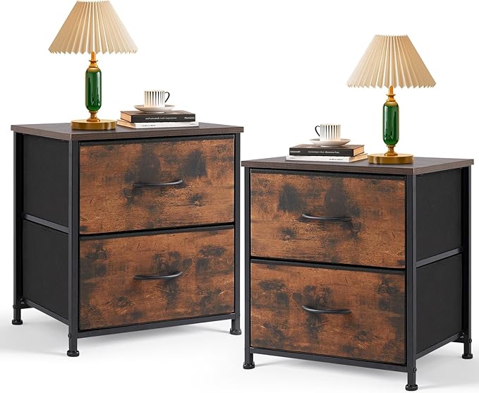 Nightstand Set of 2, Small 2 Drawer Dresser End Table Bedside Furniture, Wooden Top Fabric Bins for Bedroom, Closet, Entryway, Dorm, 11.8" D x 18" W x 20", Brown