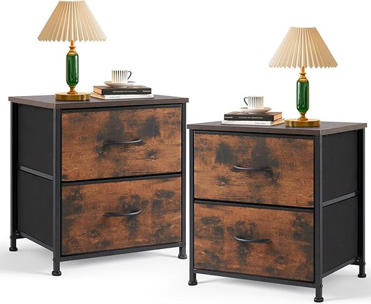 Nightstand Set of 2, Small 2 Drawer Dresser End Table Bedside Furniture, Wooden Top Fabric Bins for Bedroom, Closet, Entryway, Dorm, 11.8" D x 18" W x 20", Brown