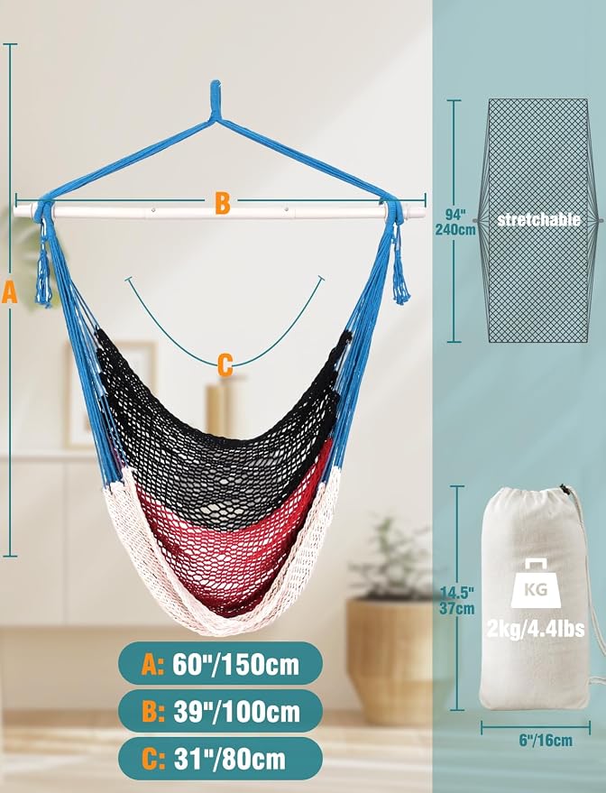 Chihee Handwoven Cotton Hammock Chair Large Hanging Rope Chair 7.9ft with Detachable Strong Metal Spreader Bar, Breathable Net Swing Seat Color Blocking, Portable with Carry Bag, Indoor Outdoor Use