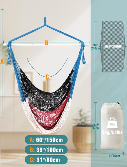 Chihee Handwoven Cotton Hammock Chair Large Hanging Rope Chair 7.9ft with Detachable Strong Metal Spreader Bar, Breathable Net Swing Seat Color Blocking, Portable with Carry Bag, Indoor Outdoor Use