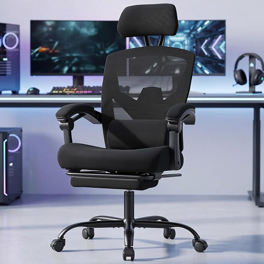 DUMOS Home Office Desk Chair with Footrest, High-Back Mesh Rolling Swivel Reclining Chairs with Wheels, Comfortable Headrest, Lumbar Support, Comfy Arms for Home, Office, Gaming, Student, Inky