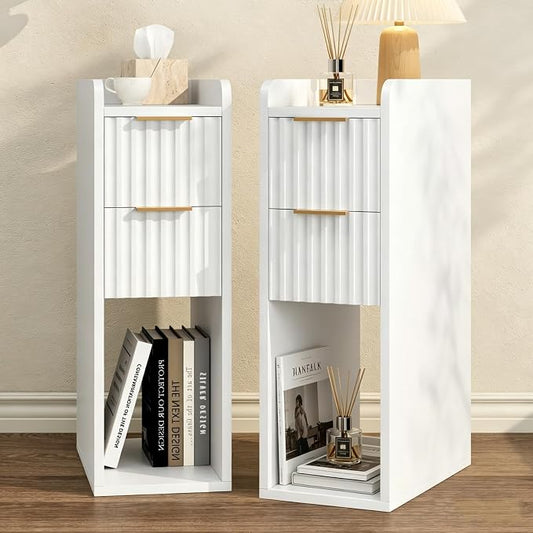 Narrow Nightstand Set of 2, 7.9" Wood Nightstands w/Fluted 2 Drawer, Slim Bed Side End Table Small Spaces Modern Skinny Wooden Night Stand for Bedroom, Living Room, White