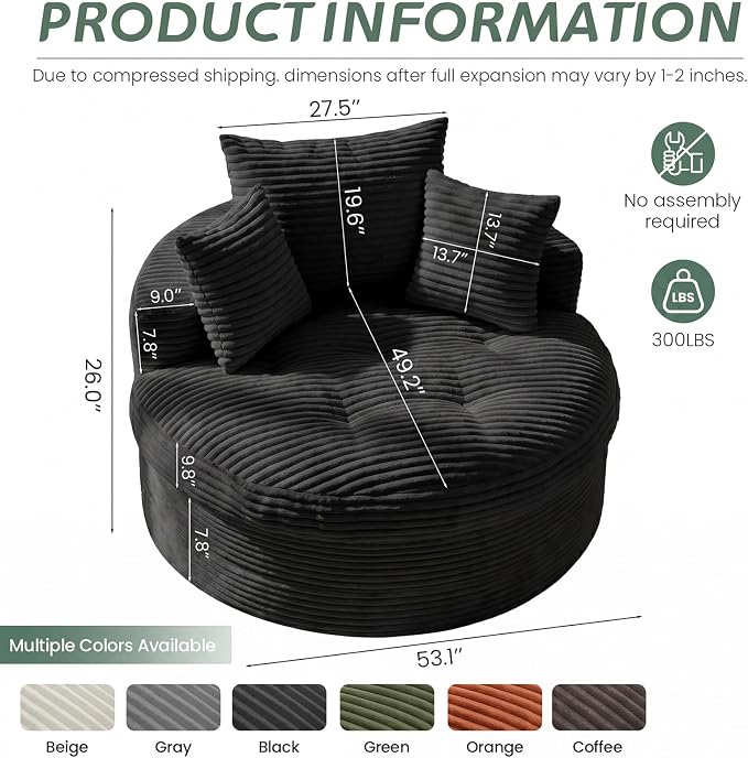 Oversized Round Chaise Lounge Chair, Deep Seat Cloud Boneless Floor Sofa Couch, Upholstered Corduroy Sleeper with 3 Pillows & Optional Ottoman, No Assembly Modern Lazy Floor Lounger for Living Room