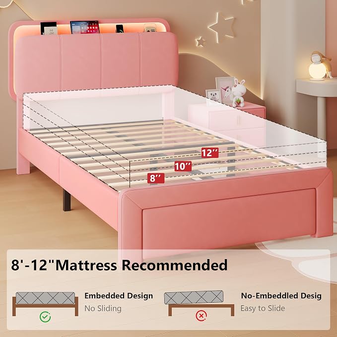 Feonase Twin Upholstered Bed Frame with Storage Drawers and Headboard, Built-in Charging Station, Velvet Platform LED Bed with Solid Wood Slat Support, No Box Spring Needed, for Girls and Kids, Pink