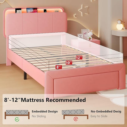 Feonase Twin Upholstered Bed Frame with Storage Drawers and Headboard, Built-in Charging Station, Velvet Platform LED Bed with Solid Wood Slat Support, No Box Spring Needed, for Girls and Kids, Pink