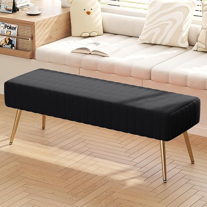 Furniliving 44 Inch Bedroom Bench, Upholstered Tufted Striped Fabric Ottoman Benches with X-Shaped Metal Legs for Living Room, Entryway Solid Wood Indoor Bench for Foyer (Black)