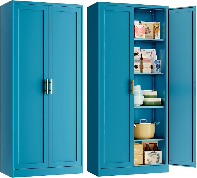 Metal Pantry Cabinet, 71"H x 28"W x 14"D Pantry Cabinets with 2 Doors and 4 Adjustable Shelves, Kitchen Pantry Storage Cabinets, Metal Storage Cabinet for Kitchen, Dining Room, Living Room-Blue