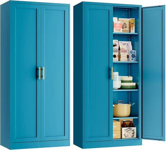 Metal Pantry Cabinet, 71"H x 28"W x 14"D Pantry Cabinets with 2 Doors and 4 Adjustable Shelves, Kitchen Pantry Storage Cabinets, Metal Storage Cabinet for Kitchen, Dining Room, Living Room-Blue