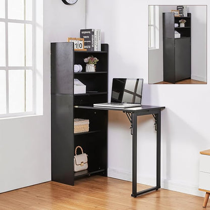 Foldable Desk with Storage,Hidden Desk with Built-in Socket,Fold Out Writing Table for Small Spaces,Home Office and Bedroom (Black)