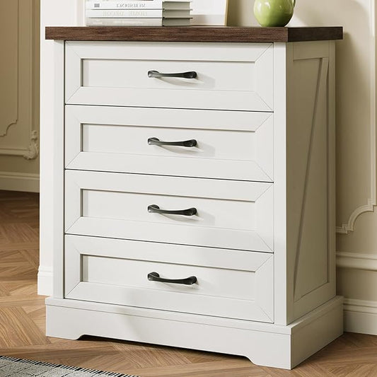 AODK White Farmhouse 4 Drawer Dresser for Bedroom, 39" Tall Engineered Wooden Chest of Drawers with Metal Handle, Modern Storage Cabinet and Organizers for Closet, Living Room, Entryway, Walnut Top