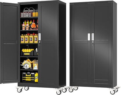 PAOFIN Metal Garage Storage Cabinet with Wheels,Steel Lockable File Cabinets with 2 Doors and 5 Adjustable Shelves,74" H Locking Tool Cabinets for Home Office, Warehouse, Required Assembly,Black