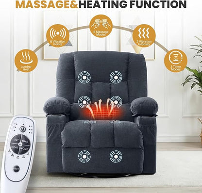 Swivel Recliner Chair for Adults with Vibration Massage and Lumbar Heat , Oversized Ergonomic Rocking Chair for Living Room and Bedroom, Featuring Side Pocket, 2 Cup Holders & USB Charge Port