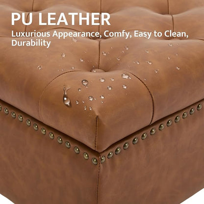 Large Square Storage Ottoman Uphlostered Tufted Button Coffee Table, Oversized Footrest Bench with Castered Rolling Wheels for Living Room, Brown Faux Leather