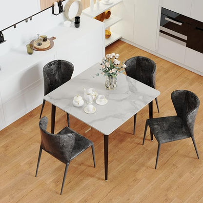 Wisfor Sintered Stone Dining Table: 32 Inch Square White Kitchen Breakfast Table with Black Metal Legs - 30 Inch High Restaurant Table for 4