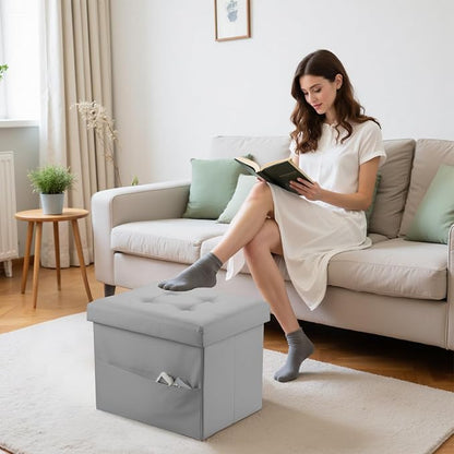 Bsketa Storage Ottoman Foot Rest Stool, Small Leather Storage Ottomans Bench, Folding Footstool with Side Pockets, Foot Rest Under Desk for Living Room Bedroom, 16x12x12 in, Grey
