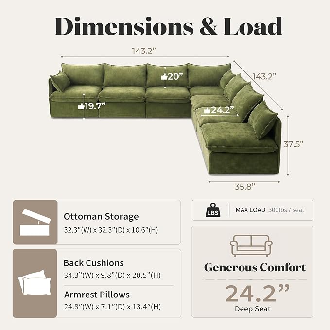 Cloud Modular Corner Sectional, Oversized Deep Seat Comfort, Luxe Chenille | Fully Removable Washable Covers, Memory Foam Seat Cushions, Premium Fabric