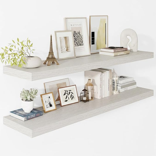 Vivelove 12 Inch Deep Floating Shelves 47.2 inch Long, 2 Inch Thick Wall Shelves with Invisible Brackets, Shelf for Bedroom Bathroom Living Room Kitchen Office Home, Modern Shelf Set of 2,White Birch