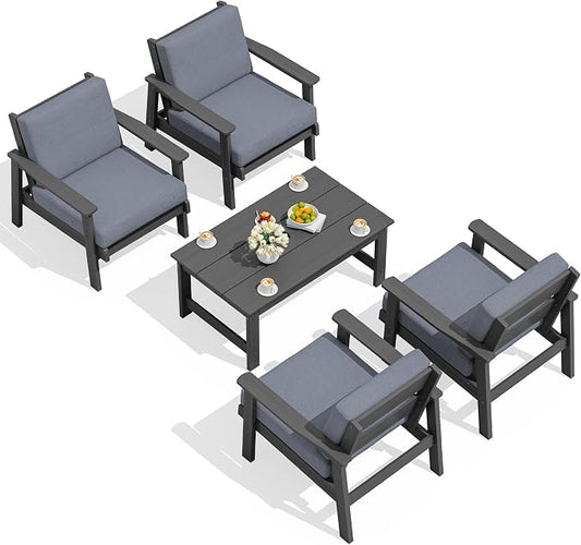 SERWALL Outdoor Patio Furniture Set, 5 Piece HDPE Patio Conversation Sets, All-Weather Wood-Like Outdoor Couch Loveseat and Coffee Table with Thick Cushions for Porch Balcony Garden Backyard