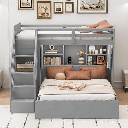 RUNNA Twin Over Full Bunk Bed with Storage Stairs,USB,Light Gray | Twin over full bunk bed with storage stairs,USB charging station,light,solid wood,guardrails,no box spring needed,Light Gray