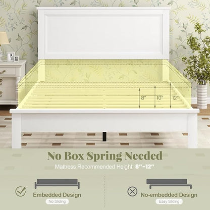 Wood Bed Frames with Headboard, Mid Century Bed Frame with Solid Wood Legs & Wooden Slat Support, Mattress Foundation Bed Base, No Box Spring Needed, (White, Full)