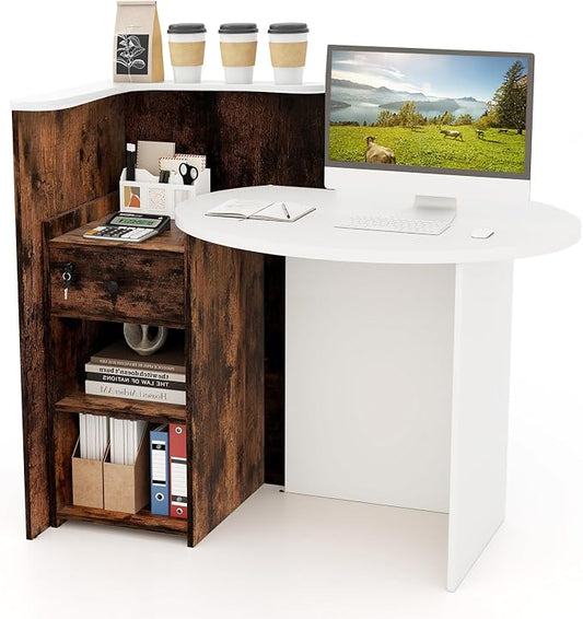 Reception Desk, Retail Checkout Counter w/Lockable Drawer & Open Shelves, Computer Workstation, Small Front Desk Reception Counter for Company Lobby Store Salon Office (White & Rustic Brown)