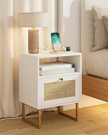 Masupu Extra Large Rattan Nightstand with Charging Station,Boho Night Stand Modern Farmhouse Wood Bedside Table with Storage Drawer and Open Shelf,Side End Table for Bedroom,Living Room,Office White