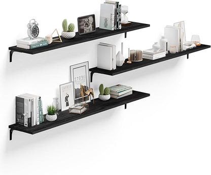 Deep Floating Shelves, 12 Inch Extra Wide Solid Wood Wall Shelves, 60 Inch Long Heavy Duty Wall Mounted Bookshelf for Living Room, Kitchen and Bedroom, Set of 3 (Black)