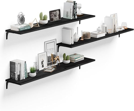 Deep Floating Shelves, 12 Inch Extra Wide Solid Wood Wall Shelves, 60 Inch Long Heavy Duty Wall Mounted Bookshelf for Living Room, Kitchen and Bedroom, Set of 3 (Black)