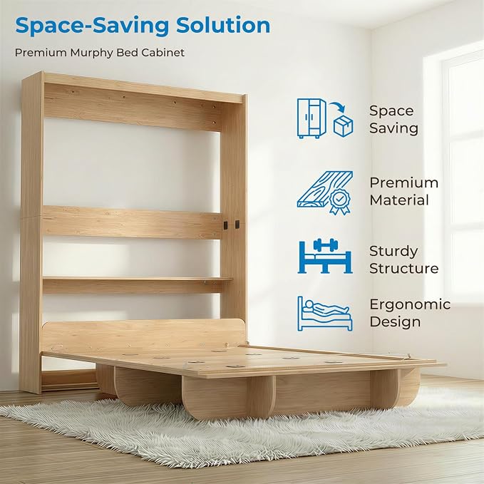 Mjkone Queen Size Wall Murphy Bed with Storage Shelf, Queen Wall Beds Cabinet Murphy Beds with Bookshelf, Top Cabinet Bed, Space-Saving Cabinets Beds for Bedroom, Guest Room, Studio, Office-Wood Color