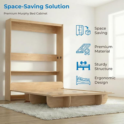 Mjkone Queen Size Wall Murphy Bed with Storage Shelf, Queen Wall Beds Cabinet Murphy Beds with Bookshelf, Top Cabinet Bed, Space-Saving Cabinets Beds for Bedroom, Guest Room, Studio, Office-Wood Color