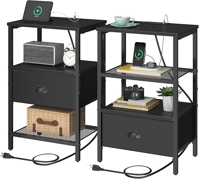 sthmec Nightstands Set of 2, Black Night Stands with Charging Station, Bedside Tables with Drawers PU Finish, 2-Tier Side Table with Open Shelf, Nightstands with Drawer,Black